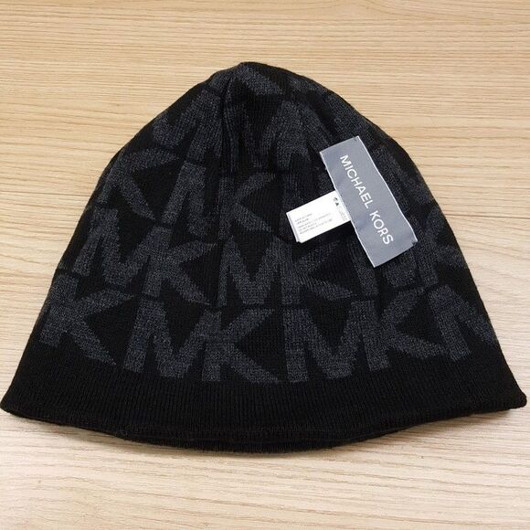 MICHAEL KORS Mens Beanie Hat Black Ribbed Knit Reversible MK Monogram Logo - Picture 3 of 6